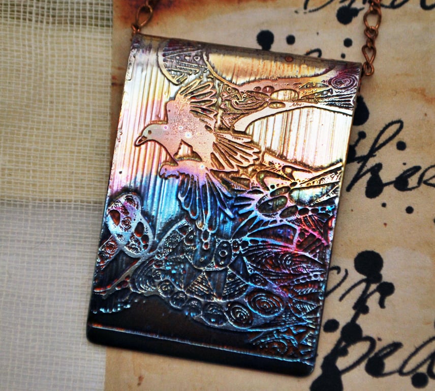 Etched copper magpie pendant - copper pendant on brass chain