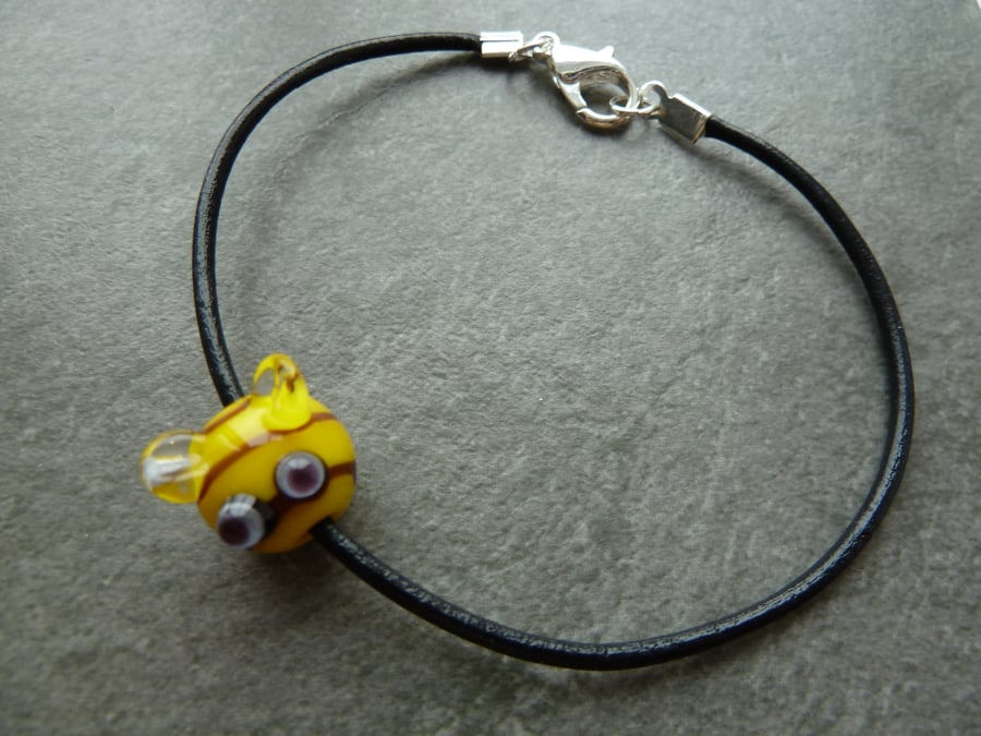 leather cord and lampwork bee bracelet