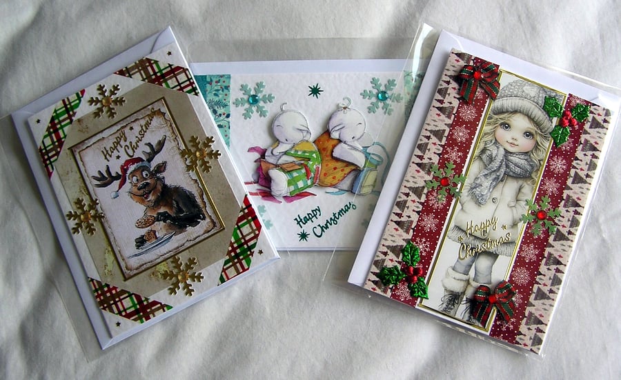 Set of 3 (Three) Beautiful Hand-Crafted Christmas Decoupage Greeting Cards (k)