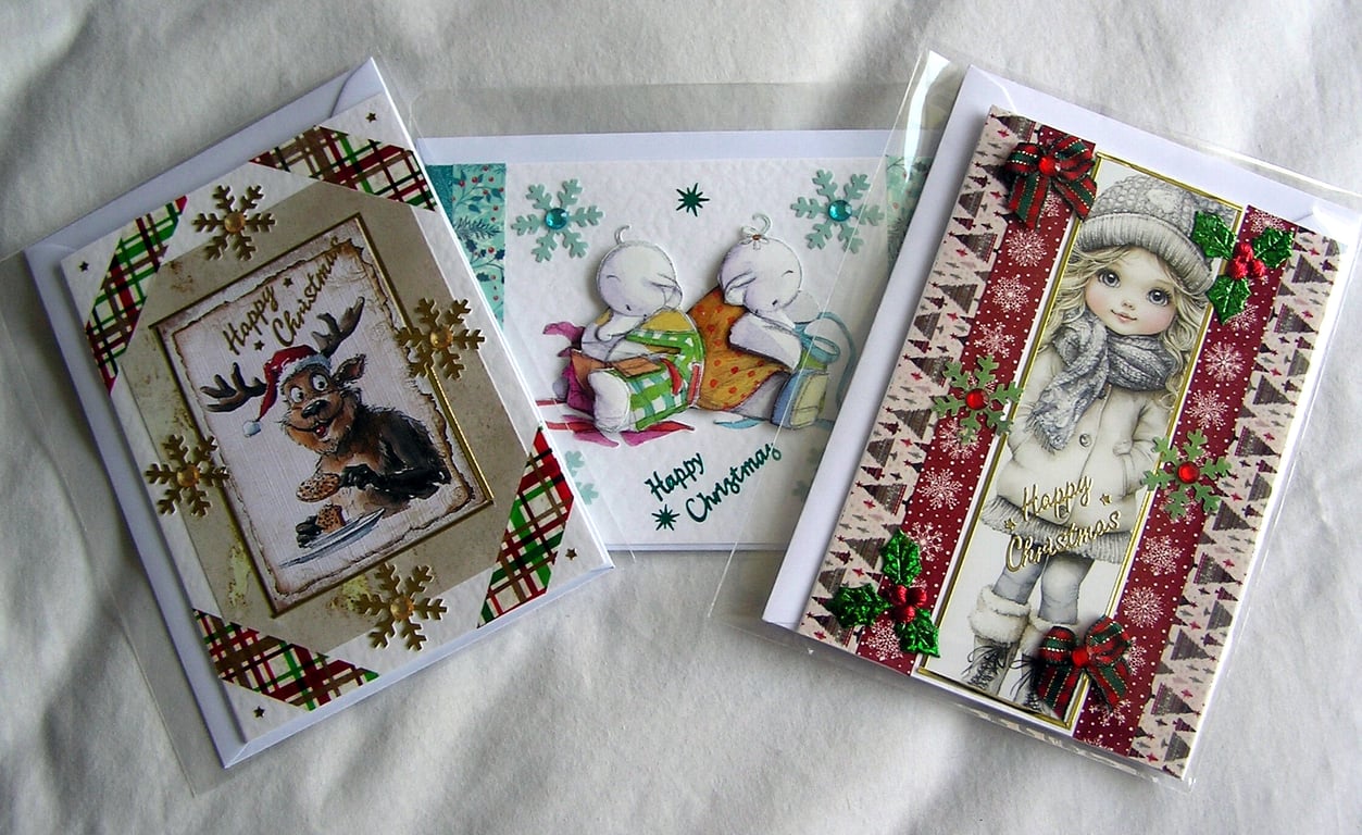 Set of 3 (Three) Beautiful Hand-Crafted Christmas Decoupage Greeting Cards (k)