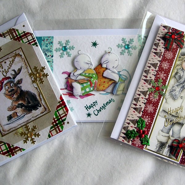 Set of 3 (Three) Beautiful Hand-Crafted Christmas Decoupage Greeting Cards (k)