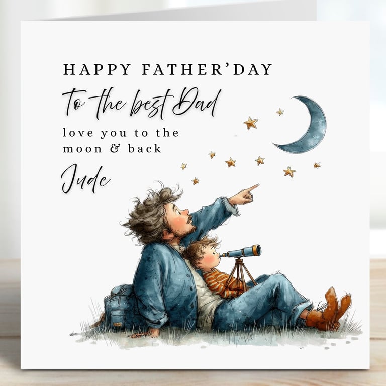 Father's Day Card, whimsical star gazing personalised card Father and Son 