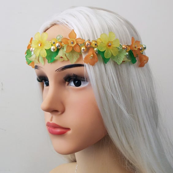 Yellow Lucite Flower Circlet Headpiece, Floral Wedding Crown, Garland Headdress