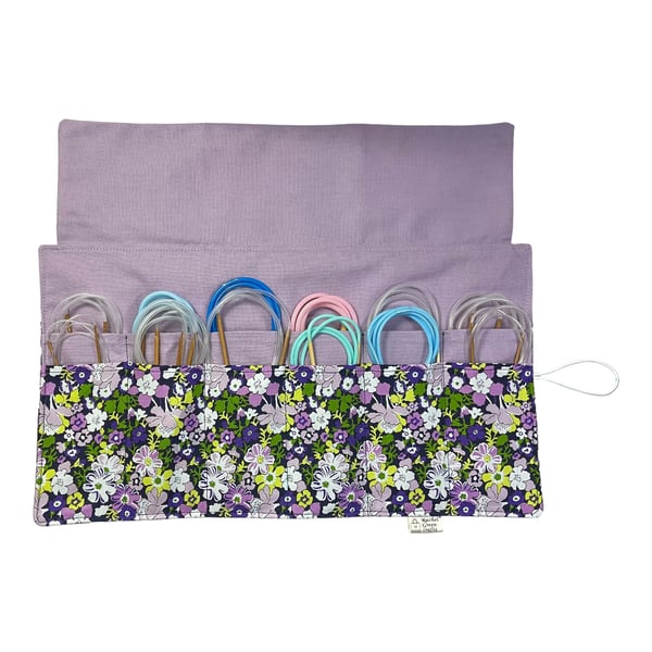 Circular needle case made from Liberty floral fabric, fixed circular sock needle