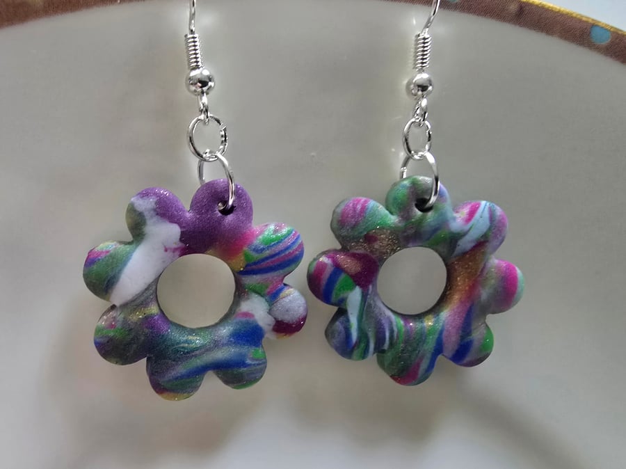 Polymer clay flower dangle earrings on silver plated earhooks