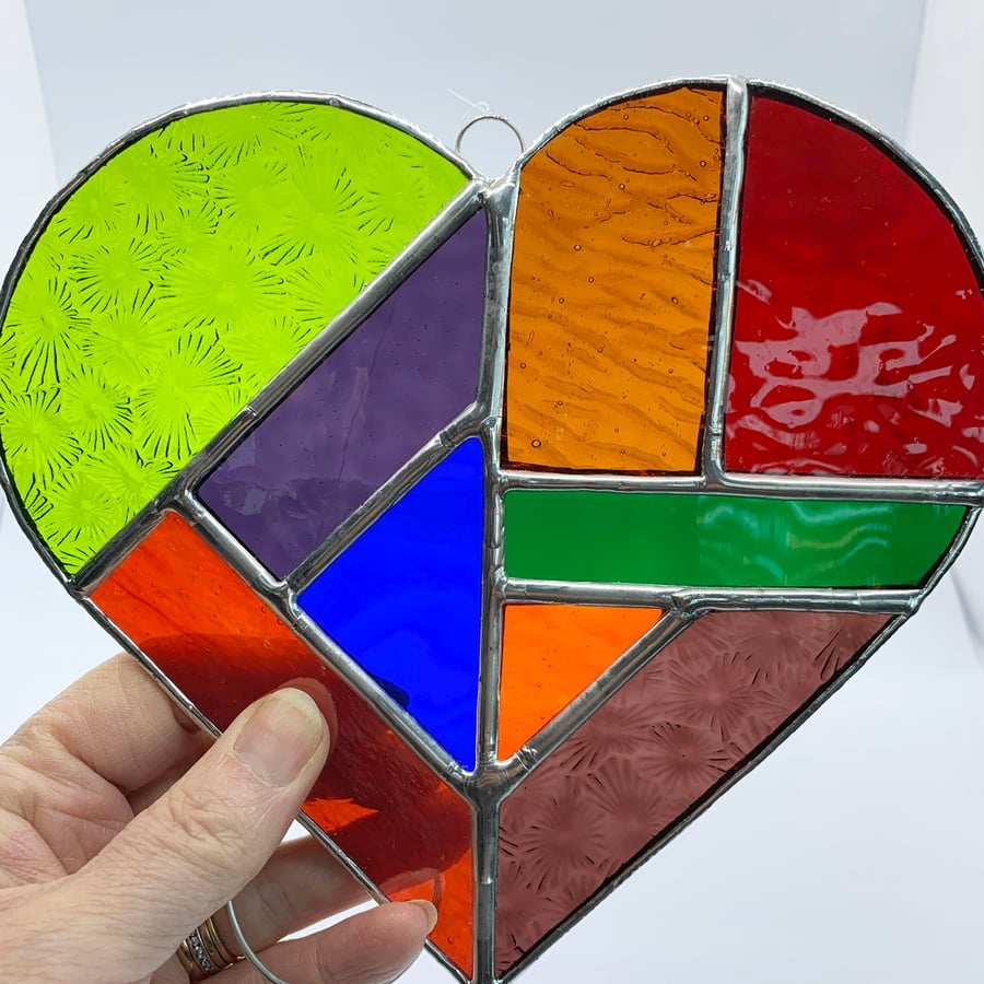 Large Stained Glass Clear Heart - Handmade Hanging Decoration - Multi