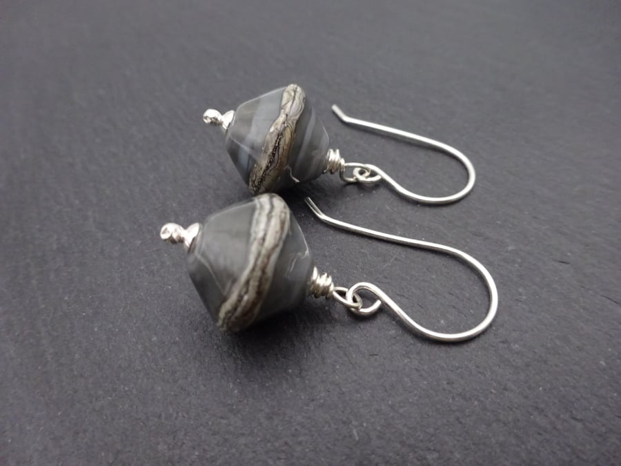 grey lampwork glass earrings, sterling silver jewellery