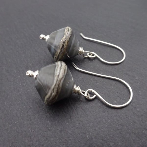 grey lampwork glass earrings, sterling silver jewellery
