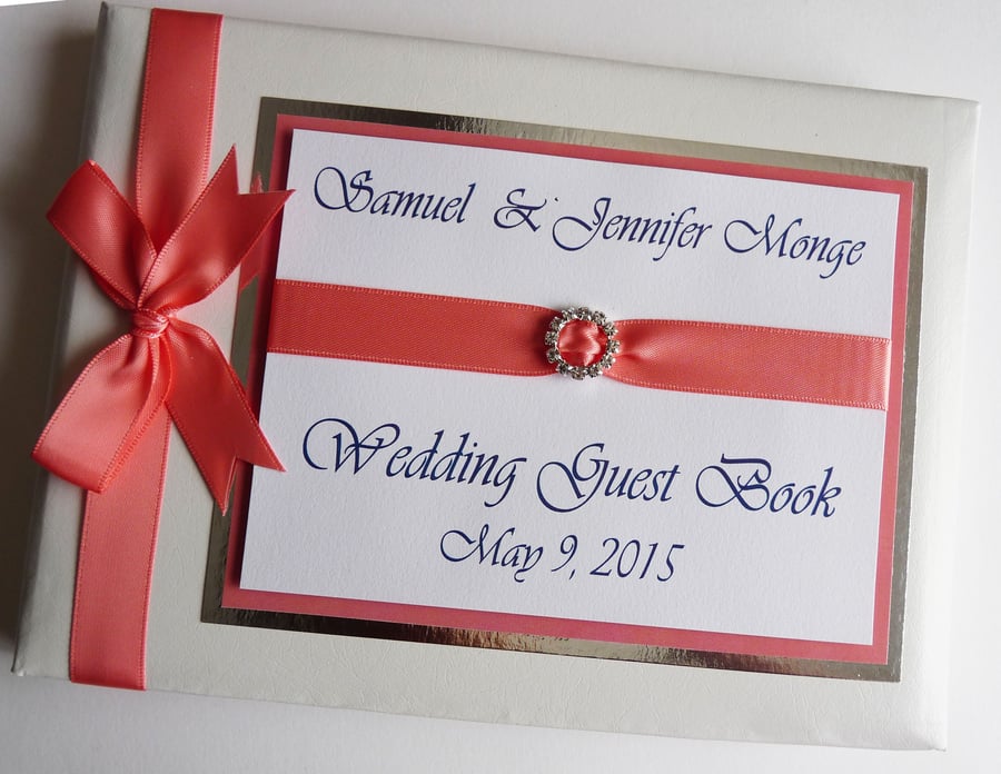 Wedding guest book with coral pink ribboon, wedding gift, wedding keepsake