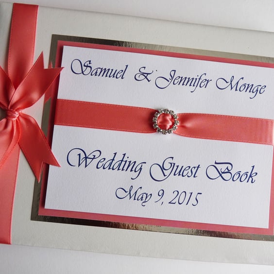 Wedding guest book with coral pink ribboon, wedding gift, wedding keepsake