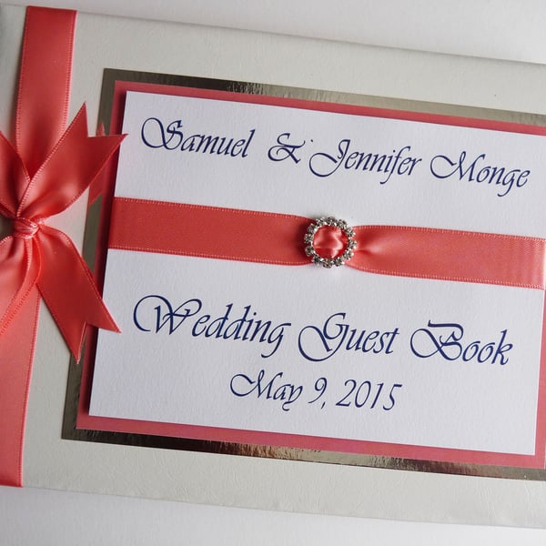 Wedding guest book with coral pink ribboon, wedding gift, wedding keepsake
