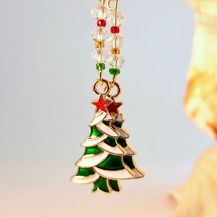 Christmas Tree Earrings With Sparkly Glass Beads - Free UK Delivery.