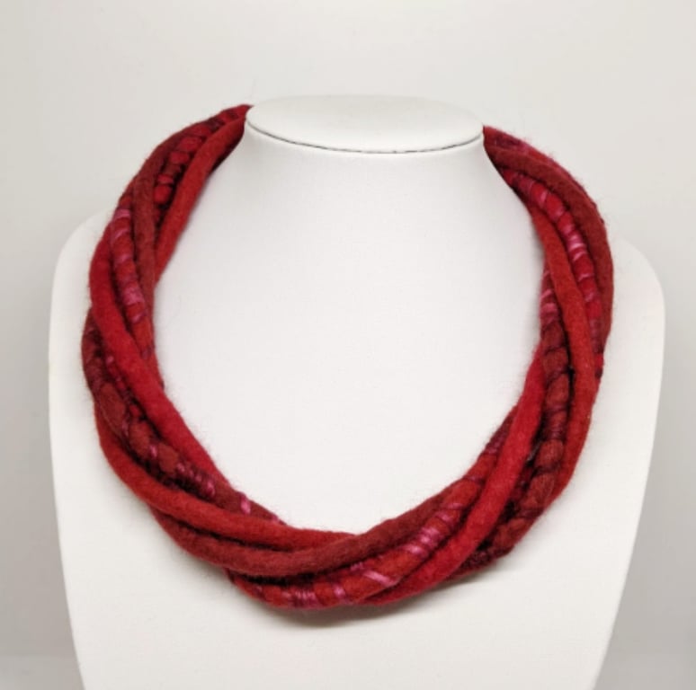 The Wrapped Twist: felted cord necklace in shades of red