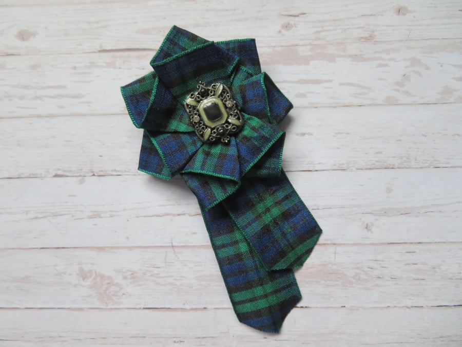 Black Watch Tartan Plaid Ribbon Ruffle Rosette Antique Brooch Corsage Pin