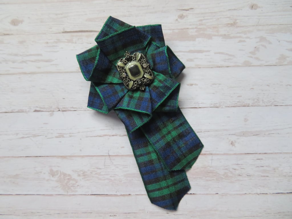 Black Watch Tartan Plaid Ribbon Ruffle Rosette Antique Brooch Corsage Pin