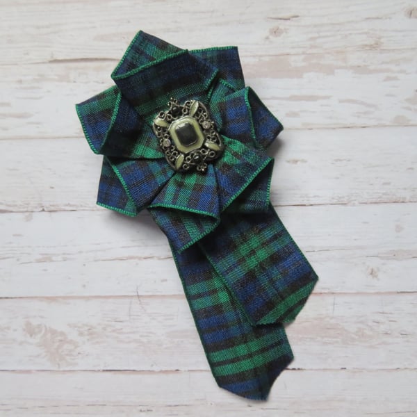 Black Watch Tartan Plaid Ribbon Ruffle Rosette Antique Brooch Corsage Pin
