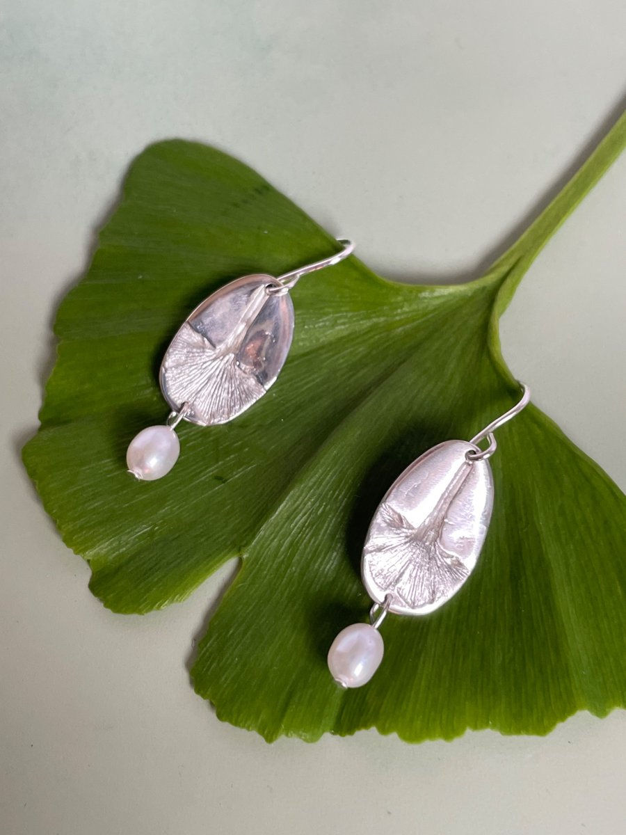 Silver Ginkgo impressed earrings with Fresh Water Pearls