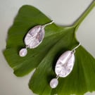 Silver Ginkgo impressed earrings with Fresh Water Pearls