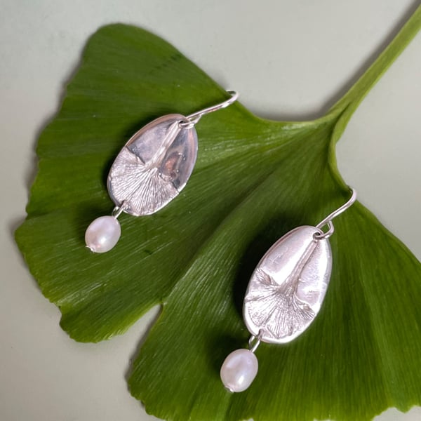 Silver Ginkgo impressed earrings with Fresh Water Pearls