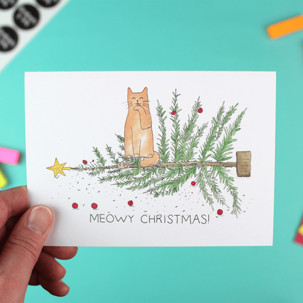 Meowy Christmas Card - 'Oh Christmas Tree' single with envelope