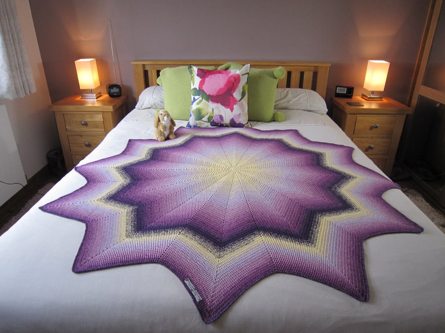 Large Crochet Blanket,Purple bed throw, sofa throw, lemon, lilac, Picnic Blanket