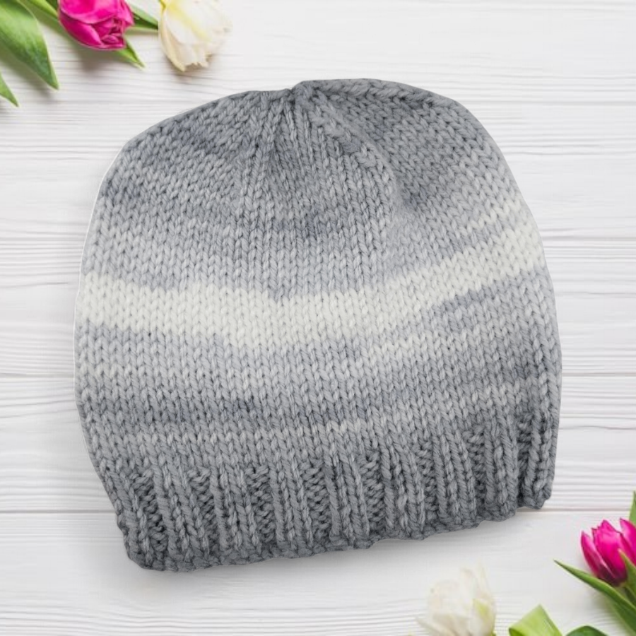 Grey and White Ombre Baby Hat 0-3 Months, Hand Knitted Gender Neutral Beanie