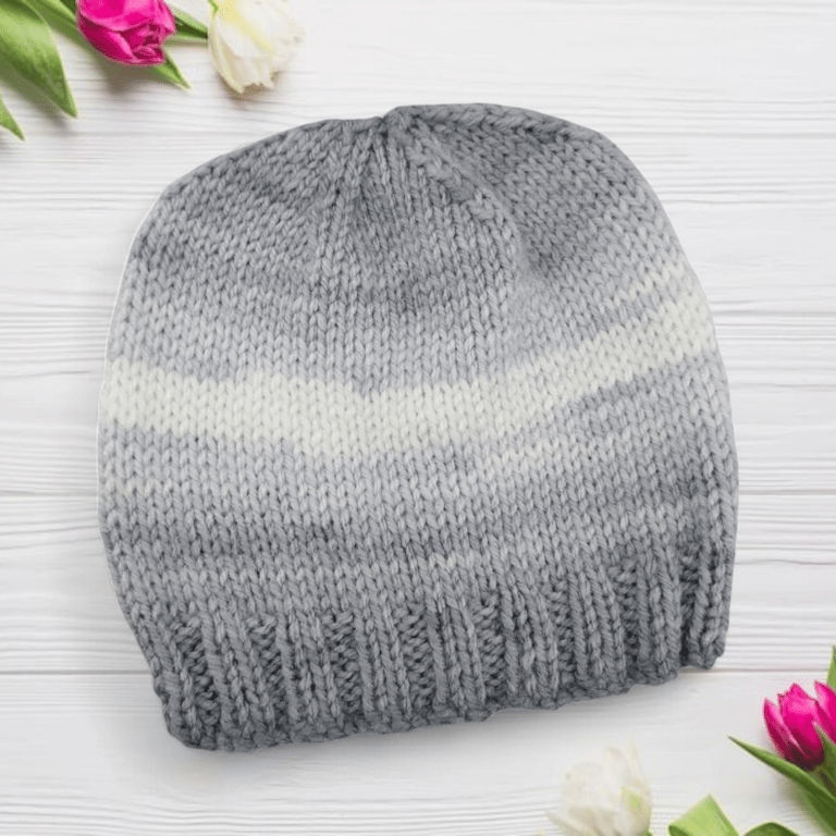 Grey and White Ombre Baby Hat 0-3 Months, Hand Knitted Gender Neutral Beanie