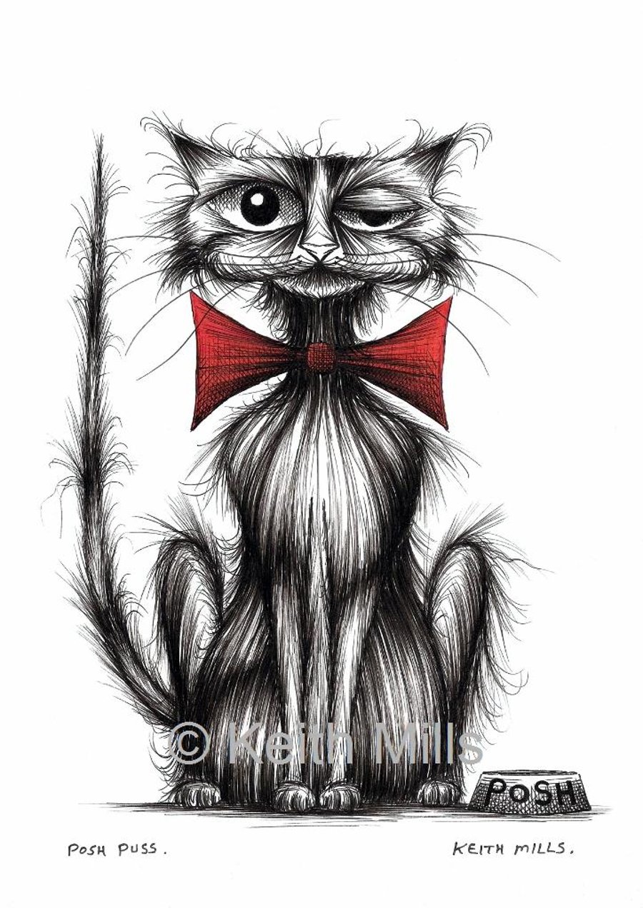 Posh puss Print A4 size picture Smart kitty in trendy bow tie looking important
