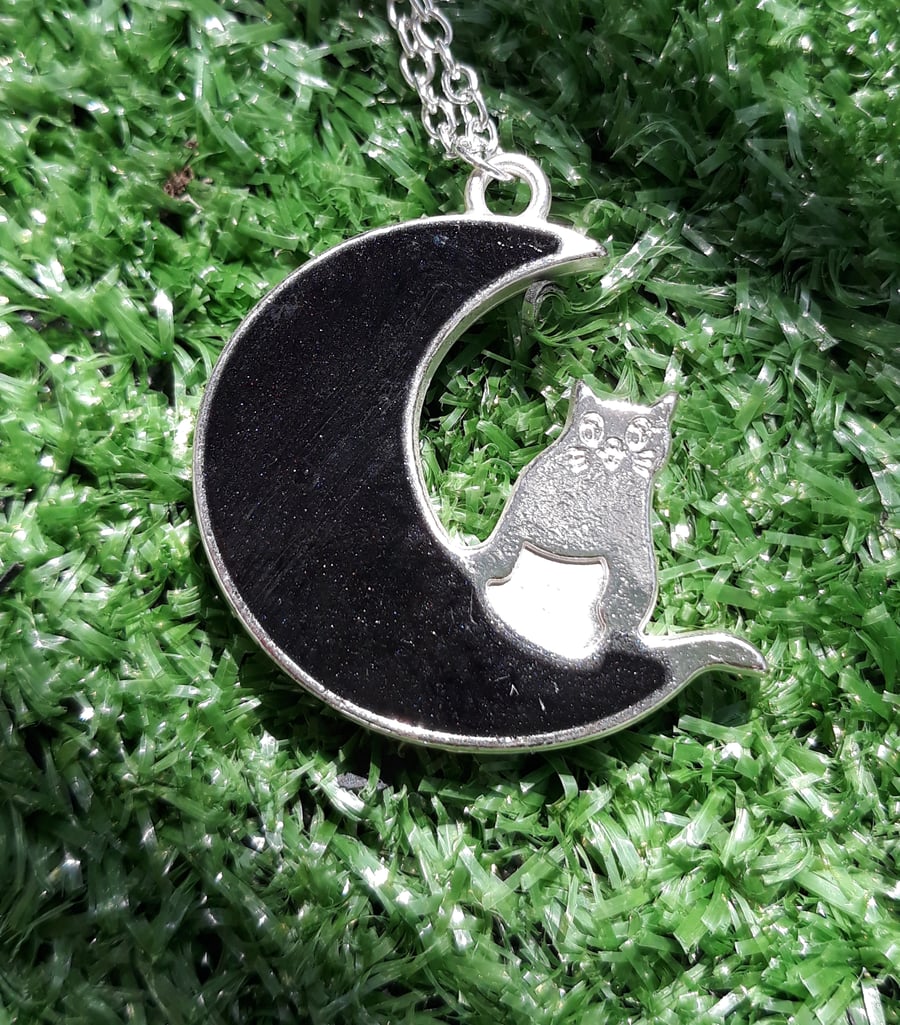 R39 Moon and cat necklace with black resin