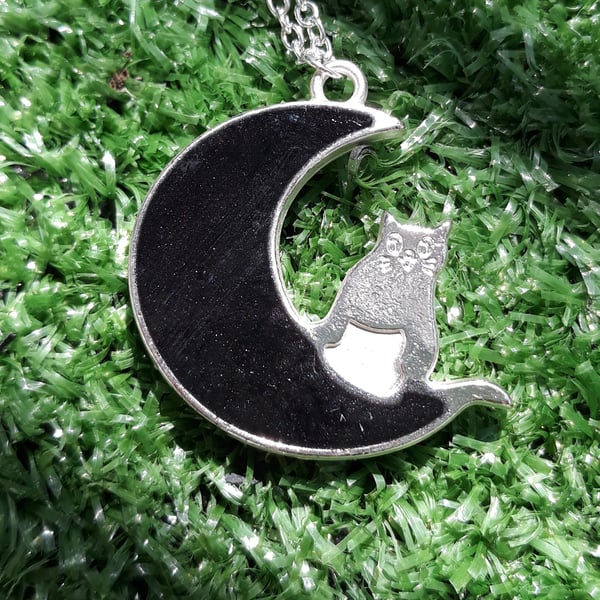 R39 Moon and cat necklace with black resin