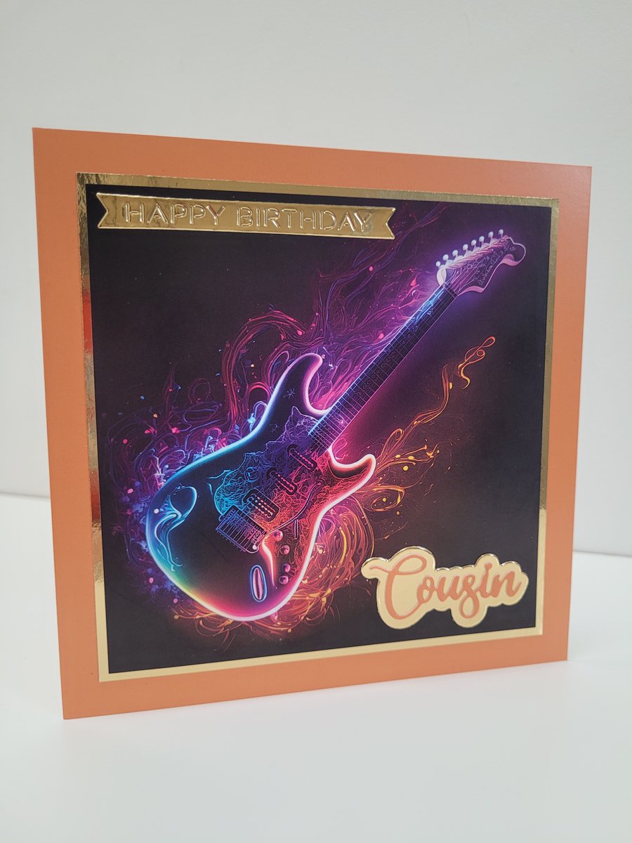Happy Birthday Cousin Card – Neon Electric Rock Guitar Card for Him or Her