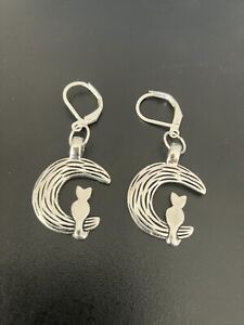 silver plated leverback earrings with moon cat silver charm