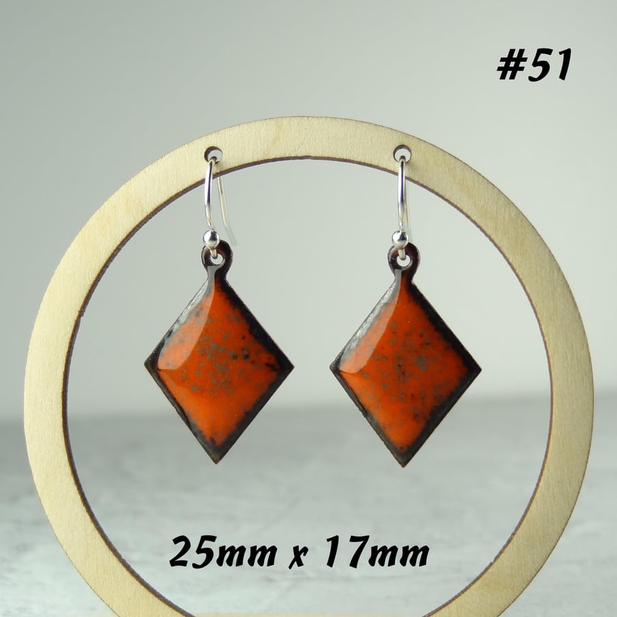 Burnt orange domed rhombus shaped glass enamelled copper drop earrings, 25x17mm