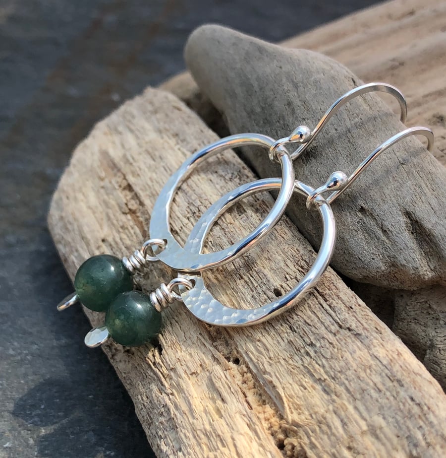 Green moss earrings, silver hoop earrings, sterling silver hoops