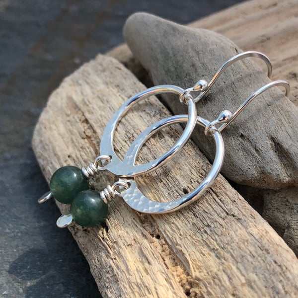 Green moss earrings, silver hoop earrings, sterling silver hoops
