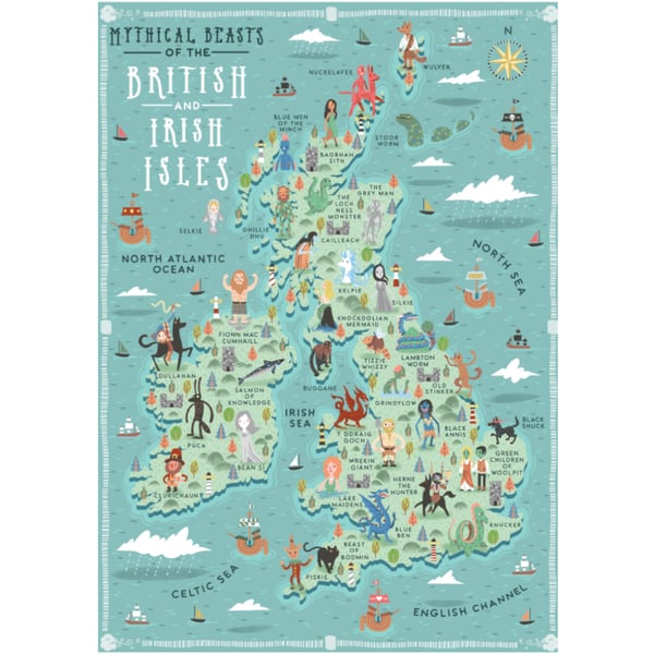 Illustrated Map, Mythical Beasts of the British... - Folksy
