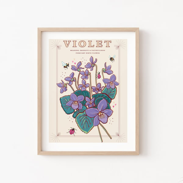 Violets, February Birth Flower, Language of Flowers Illustration Print