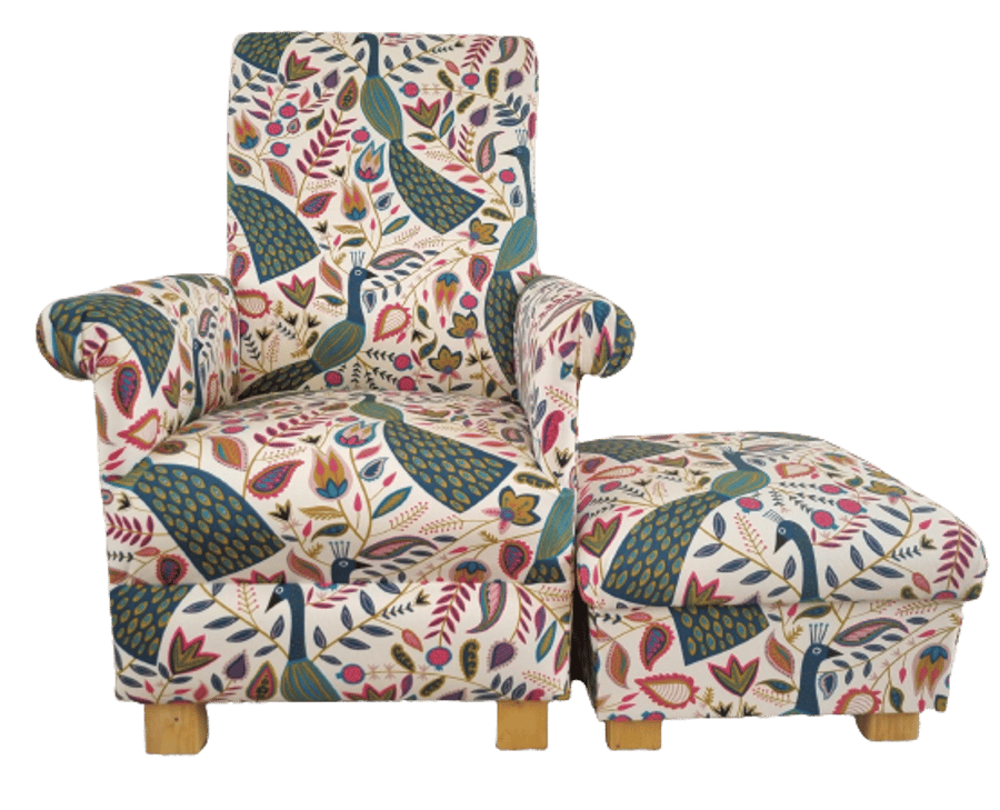 Fryetts Peacocks Teal Fabric Adult Chair & Footstool Pink Armchair Birds Accent