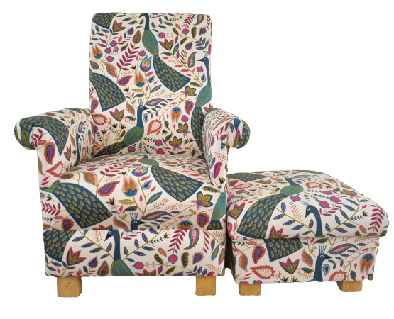 Fryetts Peacocks Teal Fabric Adult Chair & Footstool Pink Armchair Birds Accent