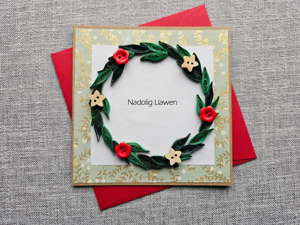 Nadolig Llawen Quilled Wreath Welsh Card with Buttons Size 5" x 5" (12.5cm x 12.