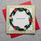 Nadolig Llawen Quilled Wreath Welsh Card with Buttons Size 5" x 5" (12.5cm x 12.