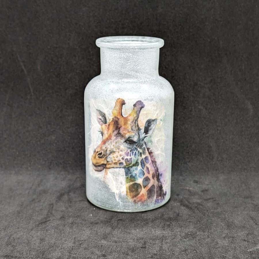Handcrafted, Decoupage, small glass vase decorated with images of an Giraffe