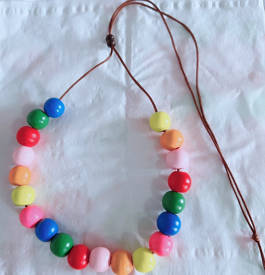 Adjustable Necklace for Women with Natural Dyed Wooden Beads in Mixed Colours 