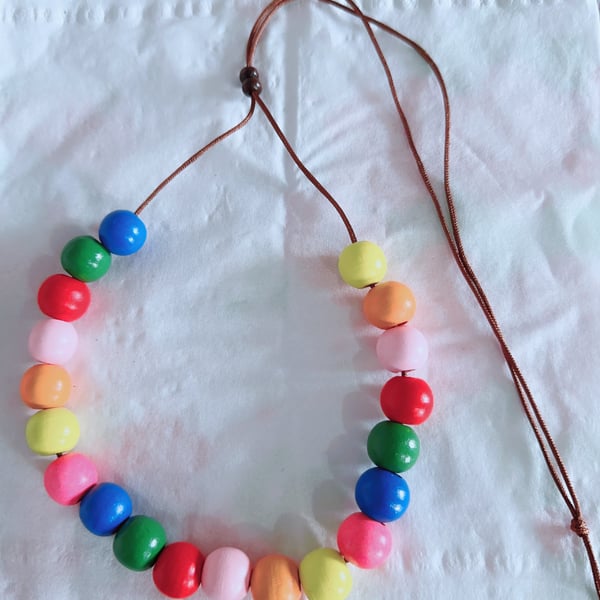 Adjustable Necklace for Women with Natural Dyed Wooden Beads in Mixed Colours 