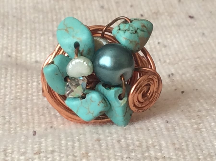 Jade and Pearl Copper Cluster Nest Ring 