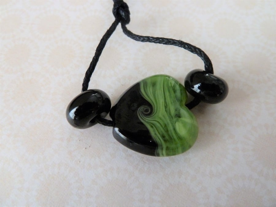 black and green heart, lampwork glass bead