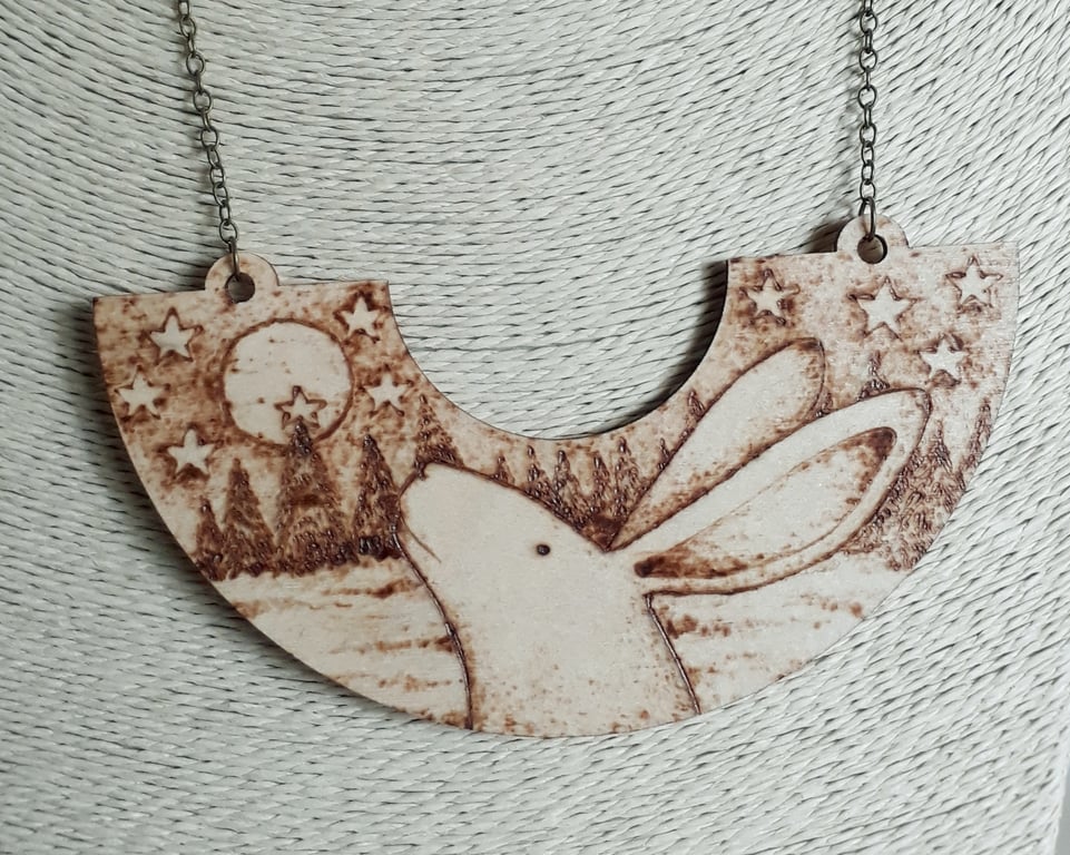Pyrography moon gazing hare pendant