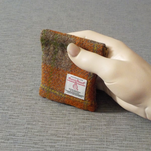 Harris tweed tartan purse pocket change flex top coin purse orange brown
