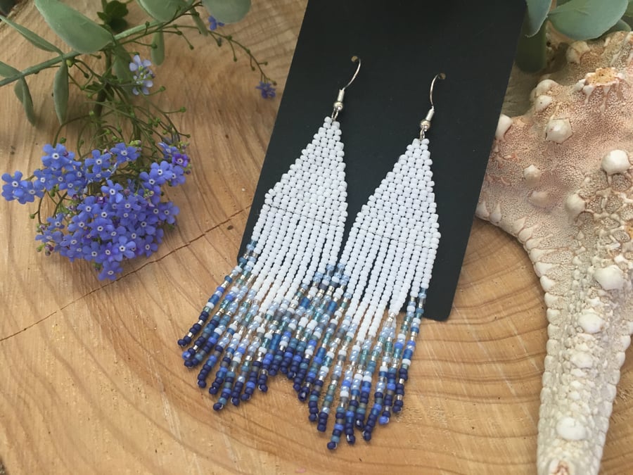 Blue handwoven lightweight beaded fringe dangle earrings,gift for her, teen girl