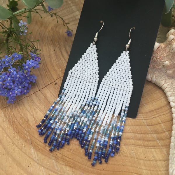 Blue handwoven lightweight beaded fringe dangle earrings,gift for her, teen girl